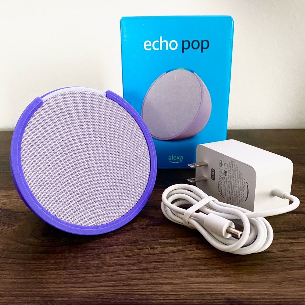 Amazon Echo Pop Smart Speaker in Lavender Bloom with Protective Sleeve - New